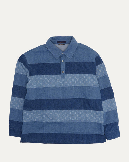 Striped Patchwork Denim Polo Shirt