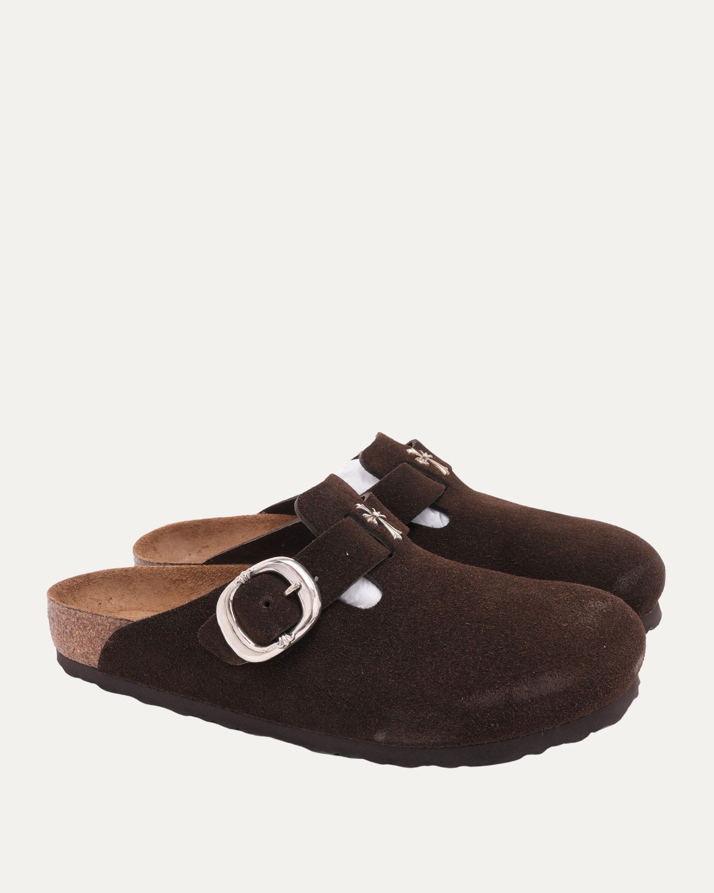 Cross Embellished Birkenstock Boston Suede Mule