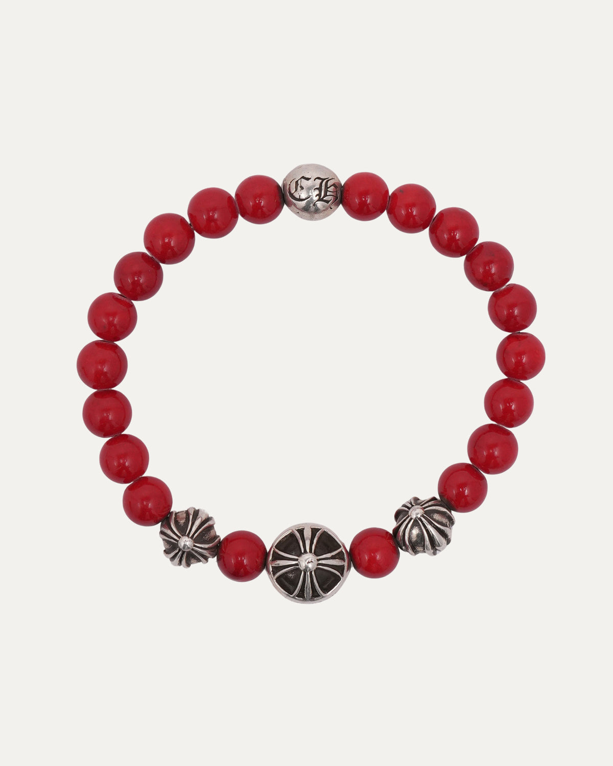 Large Multi Charm Red Coral Bead Bracelet