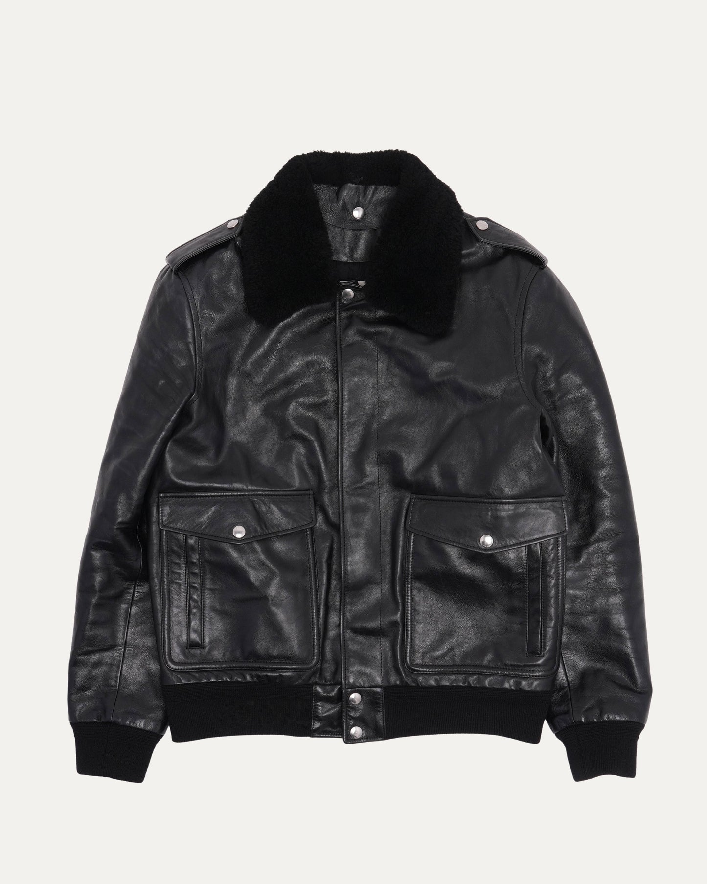 Leather Shearling Collar Bomber Jacket