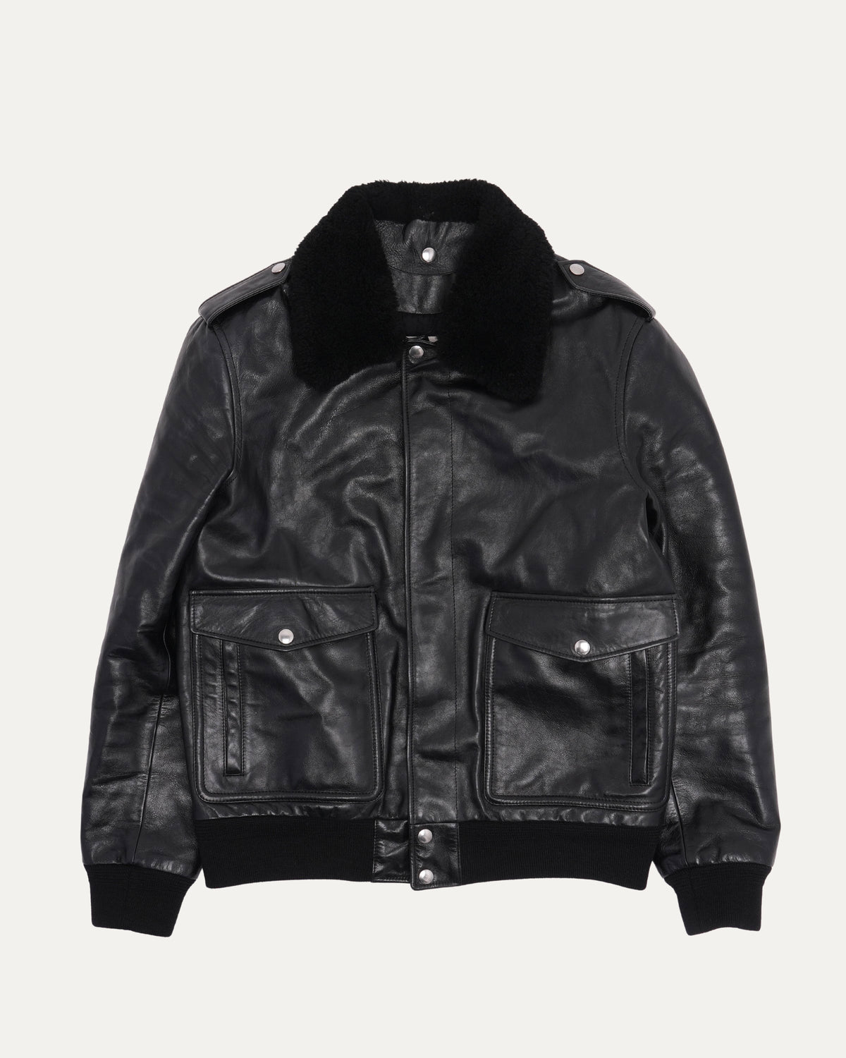 Leather Shearling Collar Bomber Jacket