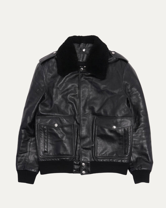 Leather Shearling Collar Bomber Jacket