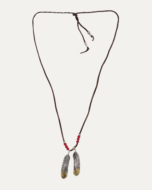 Double Feather Pendant Beaded Leather Necklace