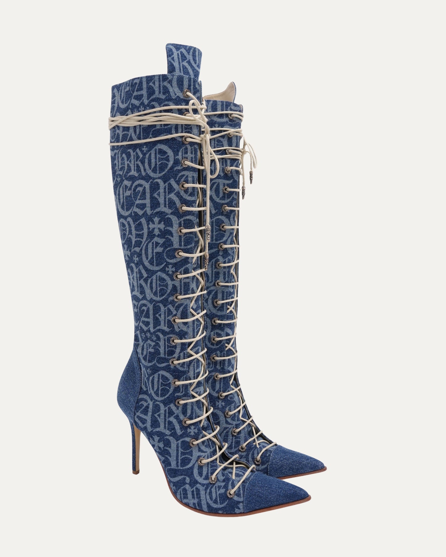 Denim Monogram Lace Up Knee Boots