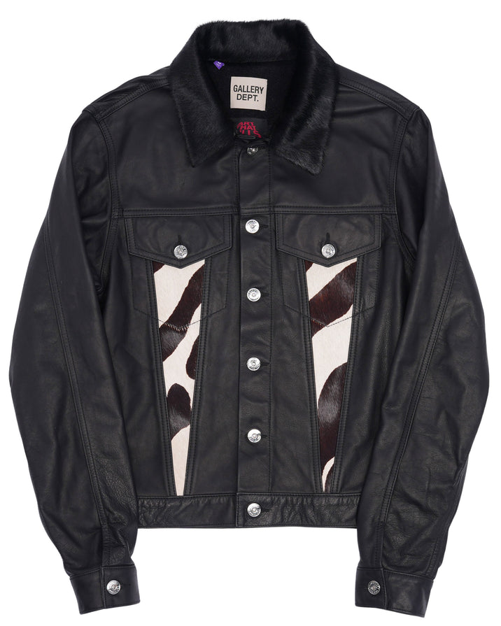 Calf-Hair-Trimmed Embroidered Leather Trucker Jacket