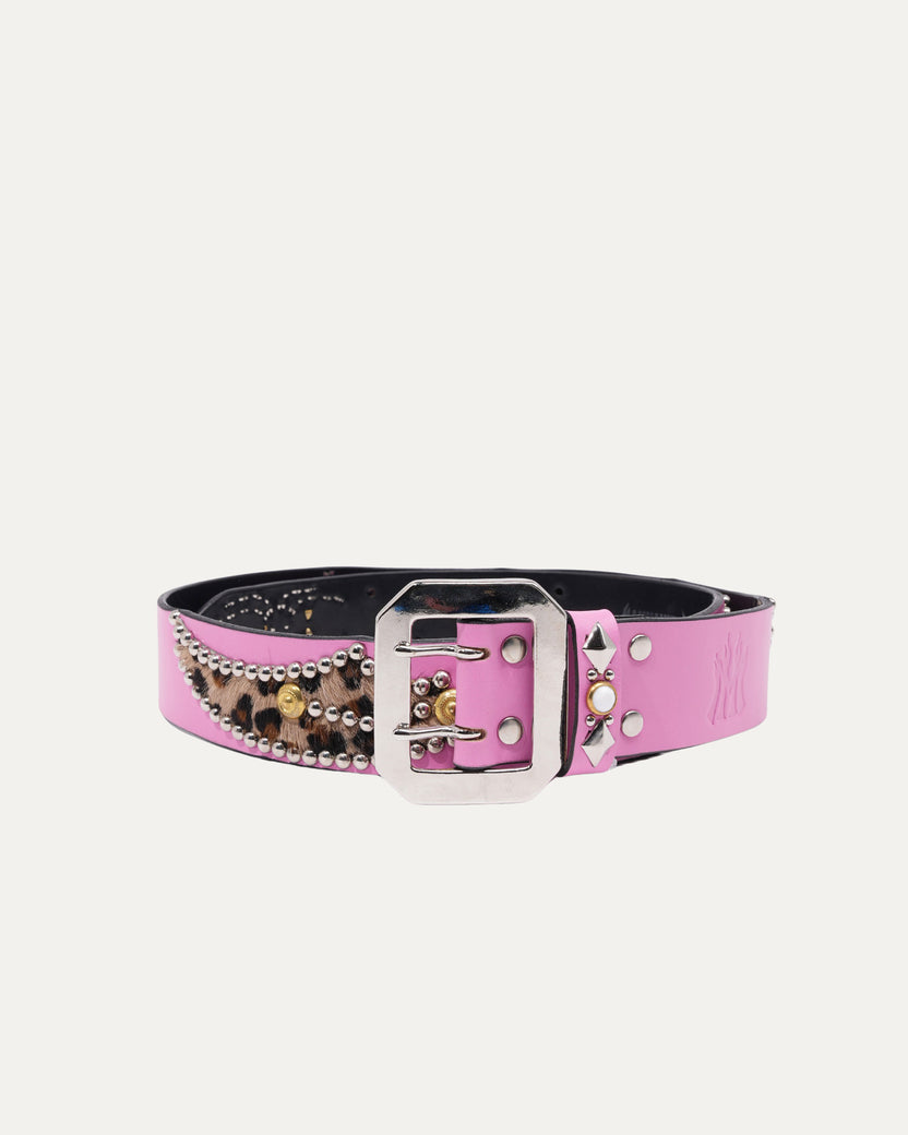 Studded Leather Leopard Hair Inlay Belt