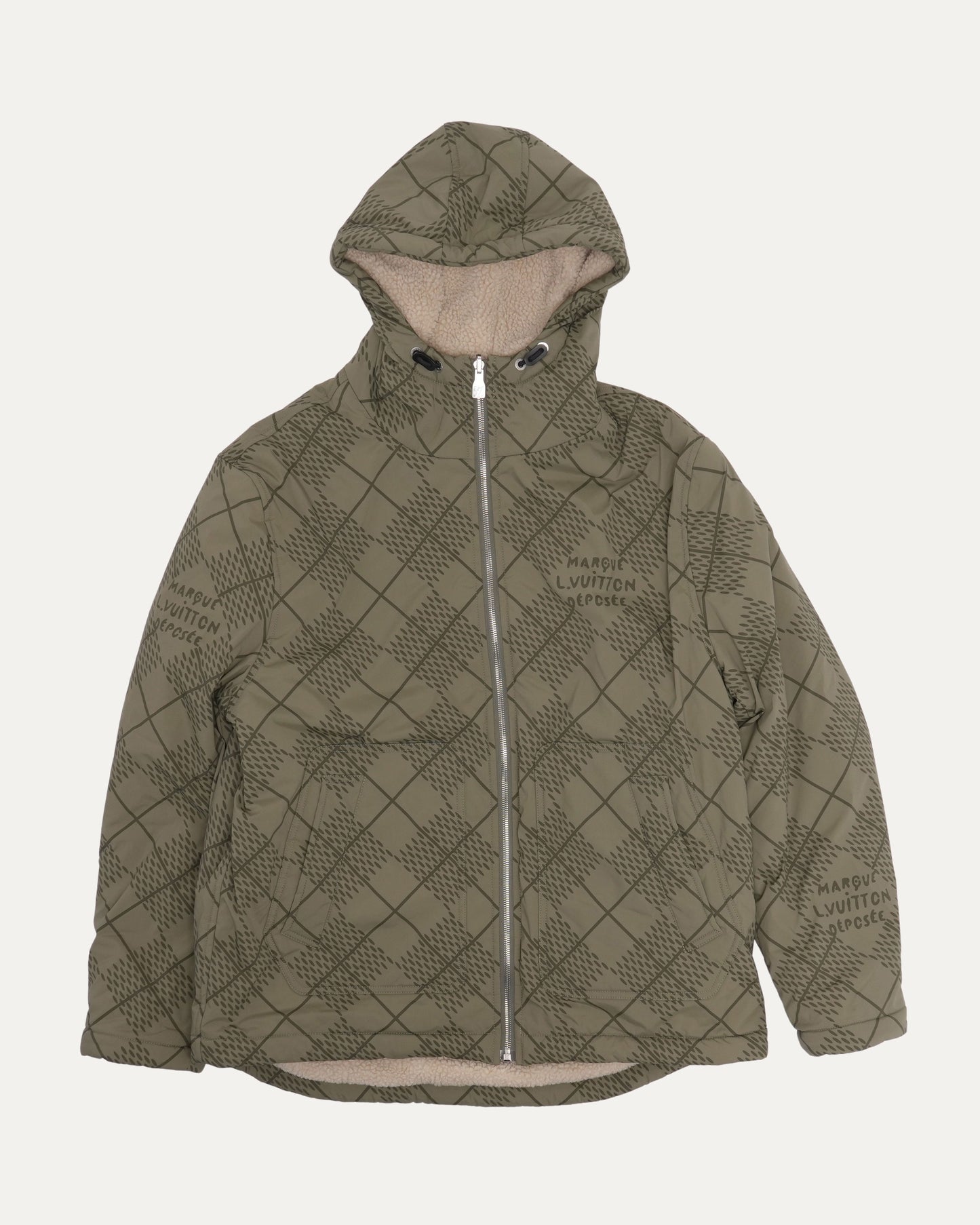 Hooded Shearling Lined Damier Argyle Reversible Jacket