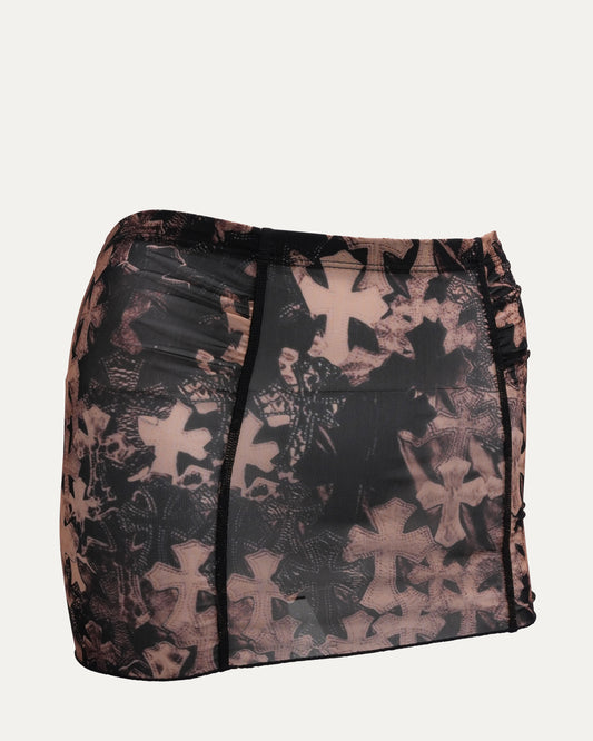 Waterfall Cross Patch Print Mesh Mini Skirt