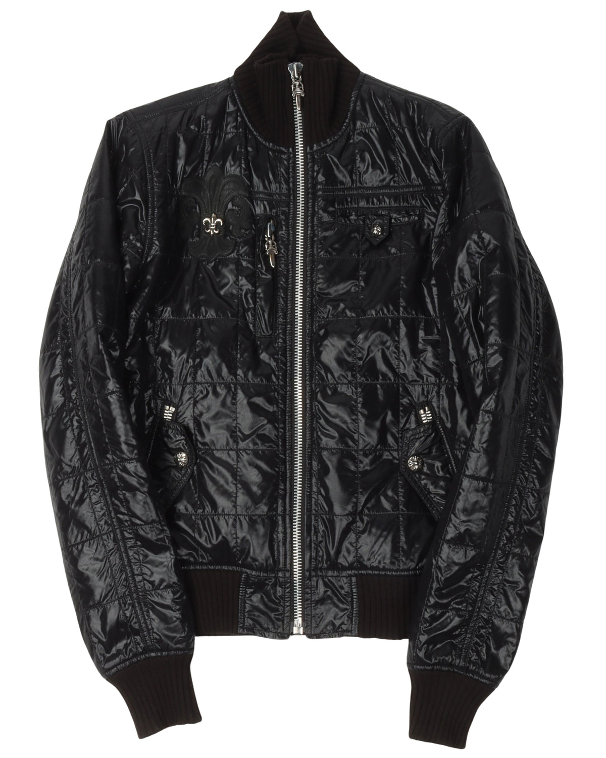 Slim Fit Funnel Neck Embellished Fleur Patch Quilted Jacket