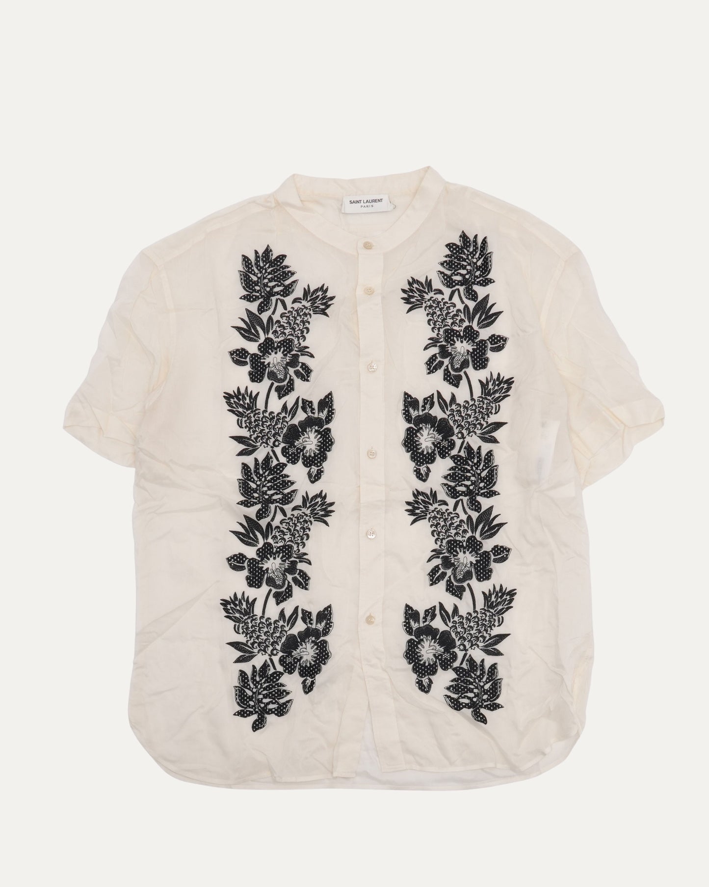 Floral Embroidered Band Collar Short Sleeve Shirt