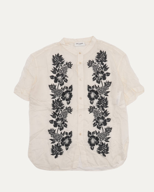 Floral Embroidered Band Collar Short Sleeve Shirt