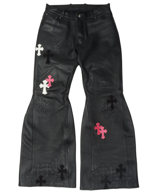 Leather Cross Patch Flared Pants "Final Boss"