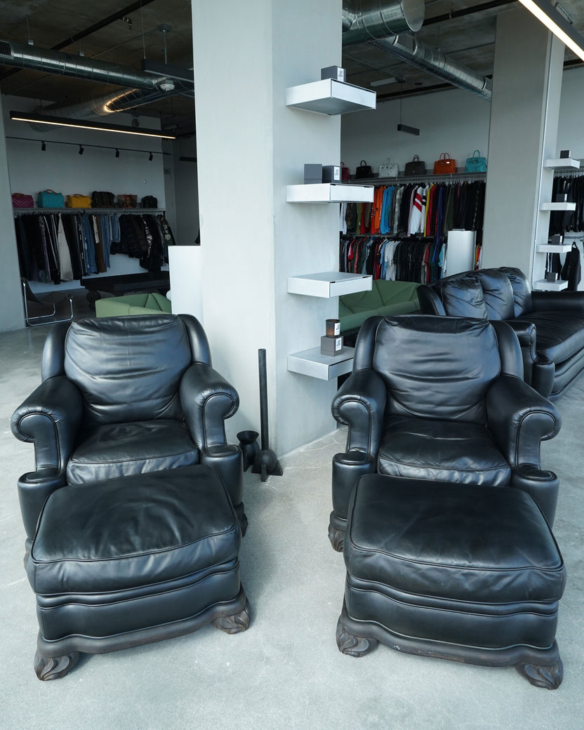 Pair of Leather Fleur De Lis Lounge Chairs & Ottomans Set