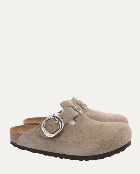 Cross Embellished Birkenstock Boston Suede Mule