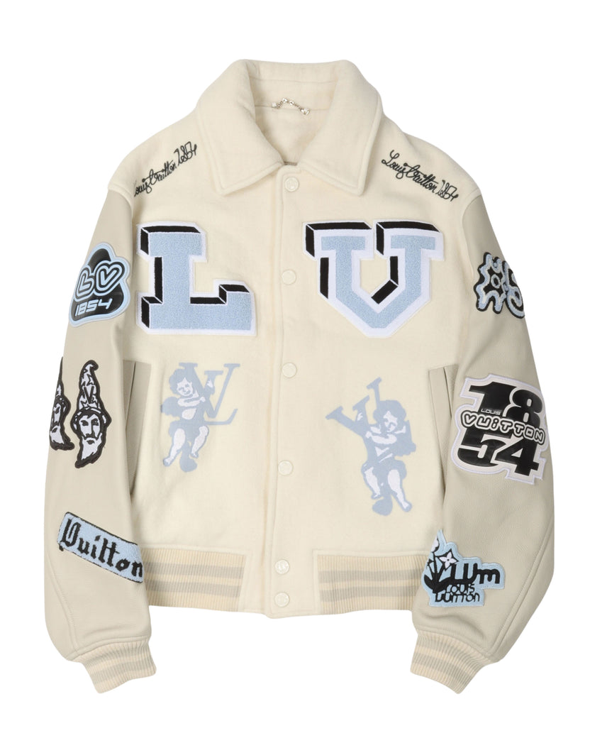 Multi-Patches Mixed Leather Varsity Blouson