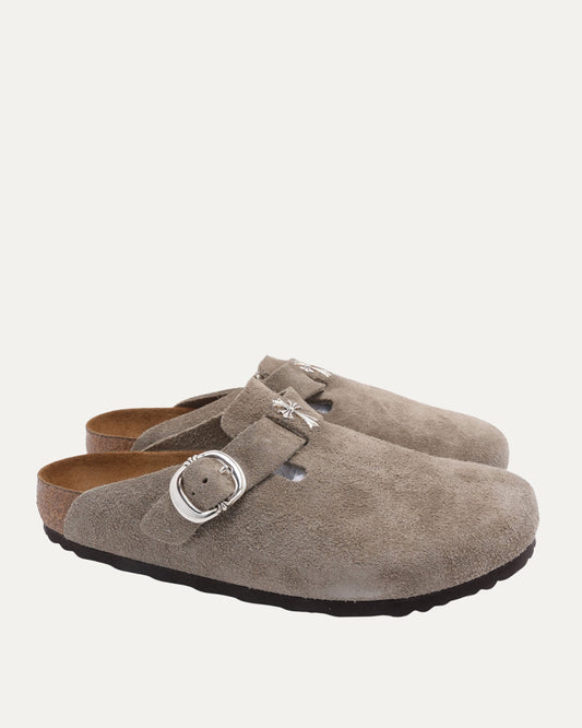 Cross Embellished Birkenstock Boston Suede Mule
