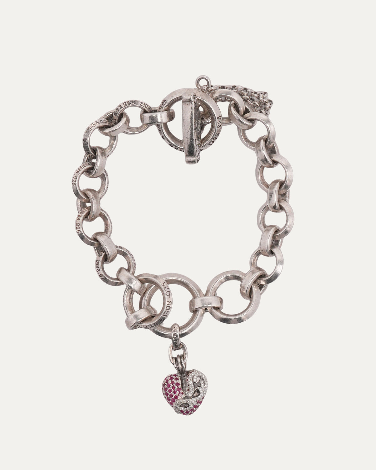 Diamond Ruby Heart Charm B Ring Toggle Bracelet