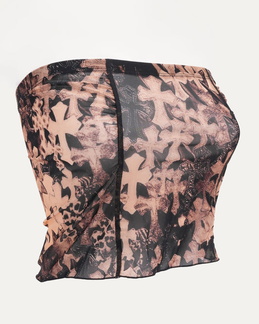 Waterfall Cross Patch Print Mesh Tube Top