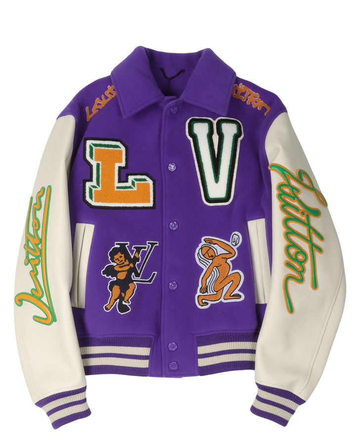 Multi-Patches Mixed Leather Varsity Blouson