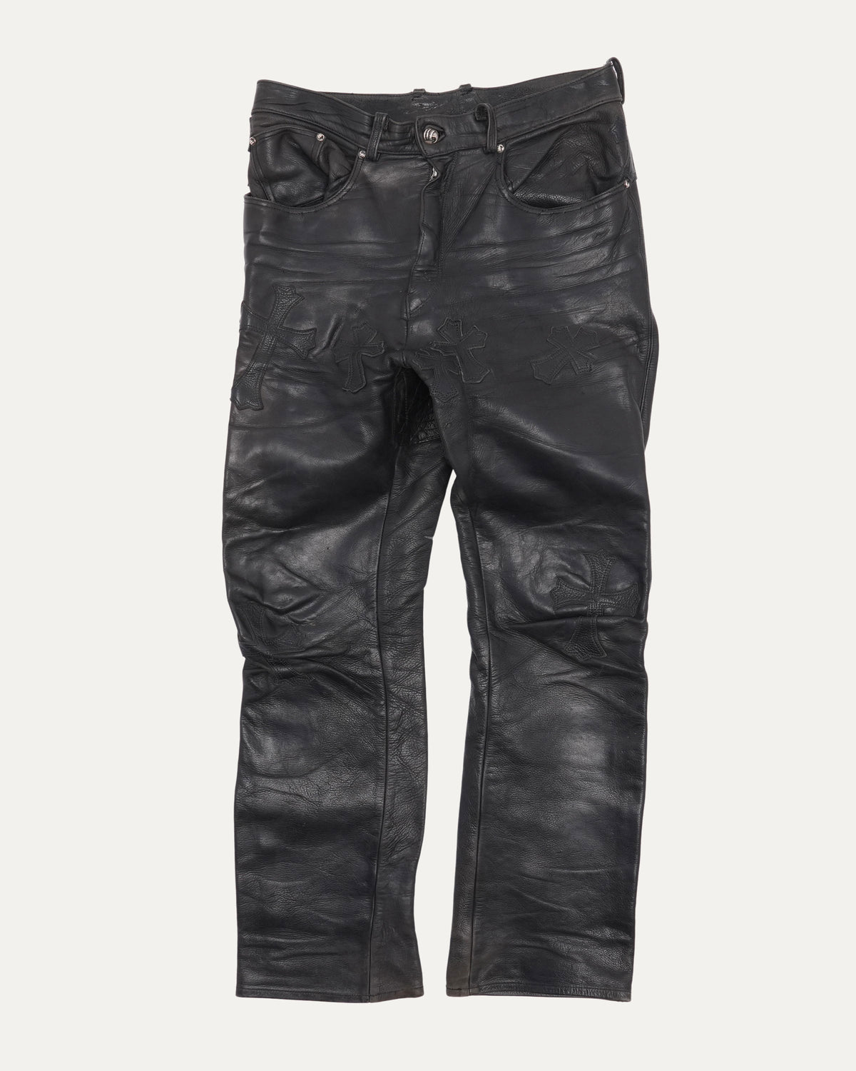 Diamond and Ruby Embellished Zipper Cross Patch Leather Fleur Knee Pants