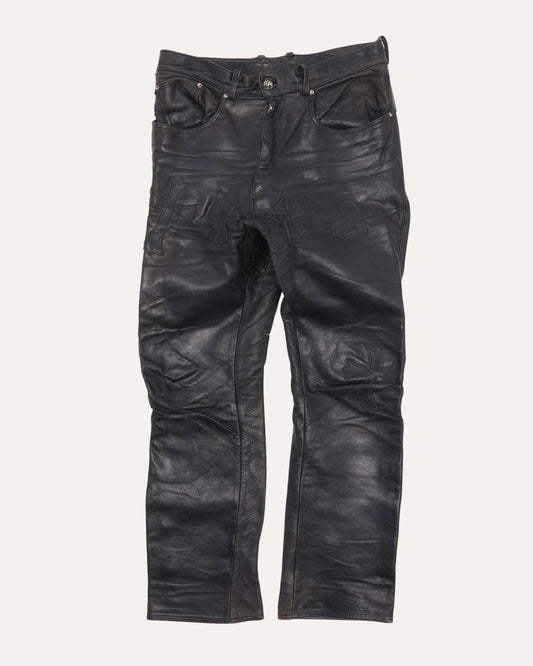 Diamond and Ruby Embellished Zipper Cross Patch Leather Fleur Knee Pants