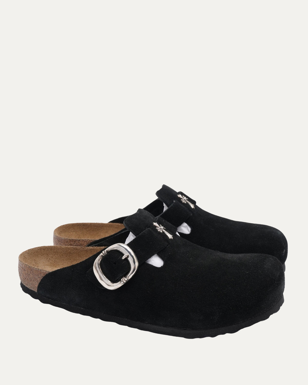 Cross Embellished Birkenstock Boston Suede Mule