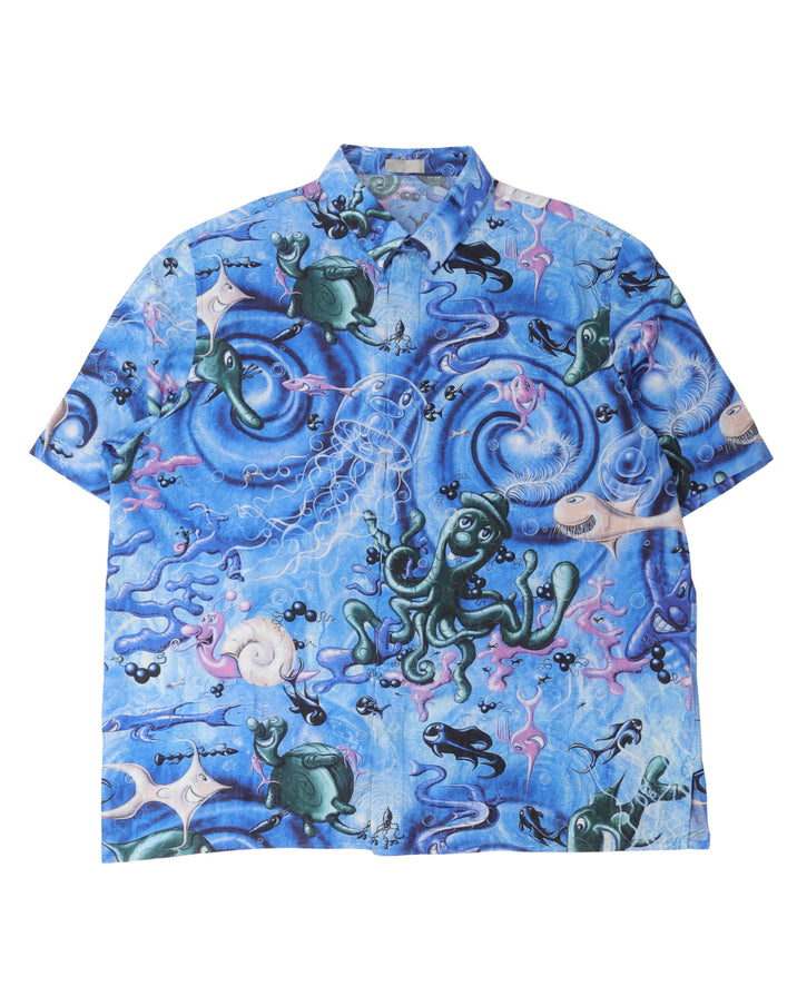 Kenny Scharf Sealife Blue Swirl Silk Blend Shirt