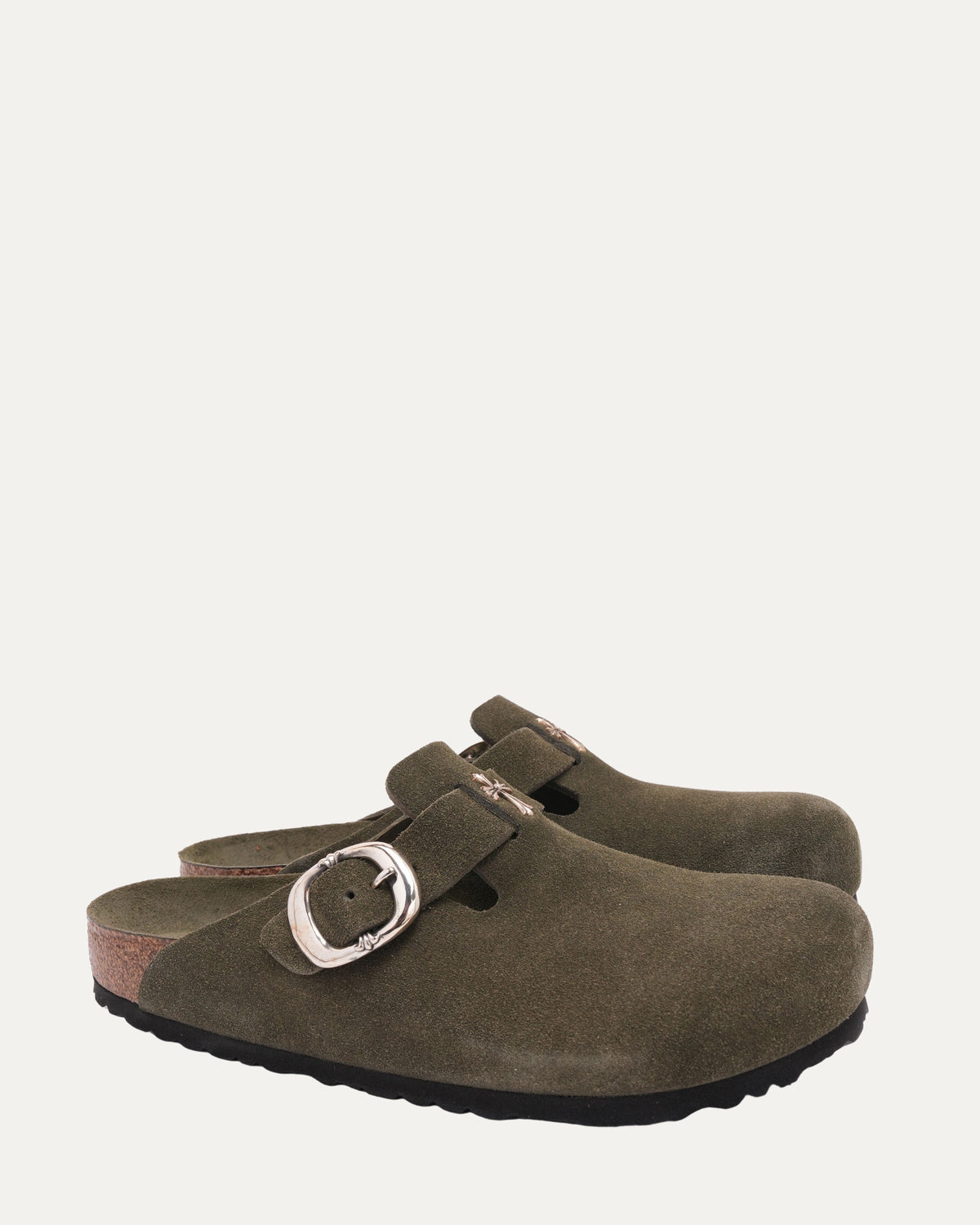 Tonal Footbed Cross Embellished Birkenstock Boston Suede Mule