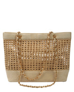 Lambskin and Woven Raphia Logo Tote