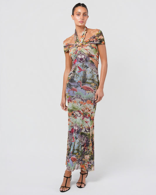 SS 1999 Tropical Print Mesh Cut-Out Gown