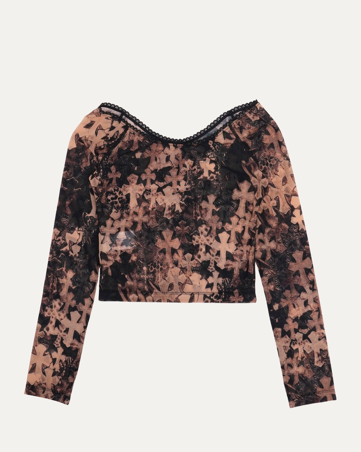 Waterfall Cross Patch Print Mesh Long Sleeve Top