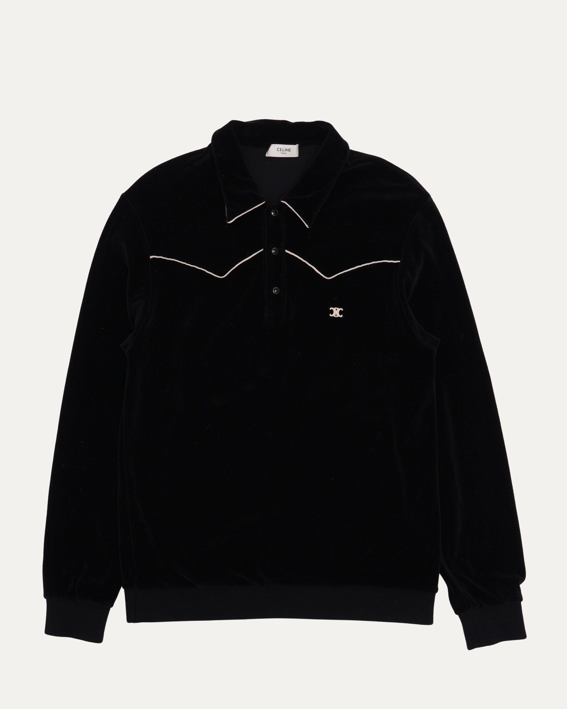 Celine Velour Embroidered Logo Long Sleeve Polo Shirt – Justin Reed