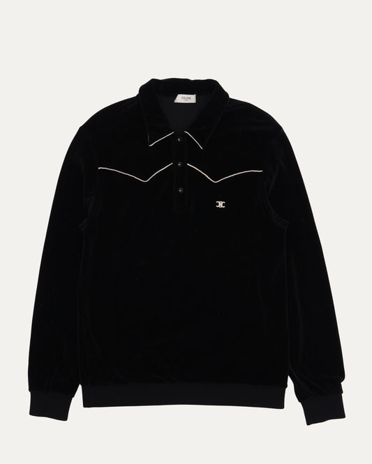 Velour Embroidered Logo Long Sleeve Polo Shirt