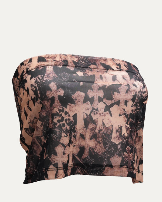 Waterfall Cross Patch Print Mesh Tube Top