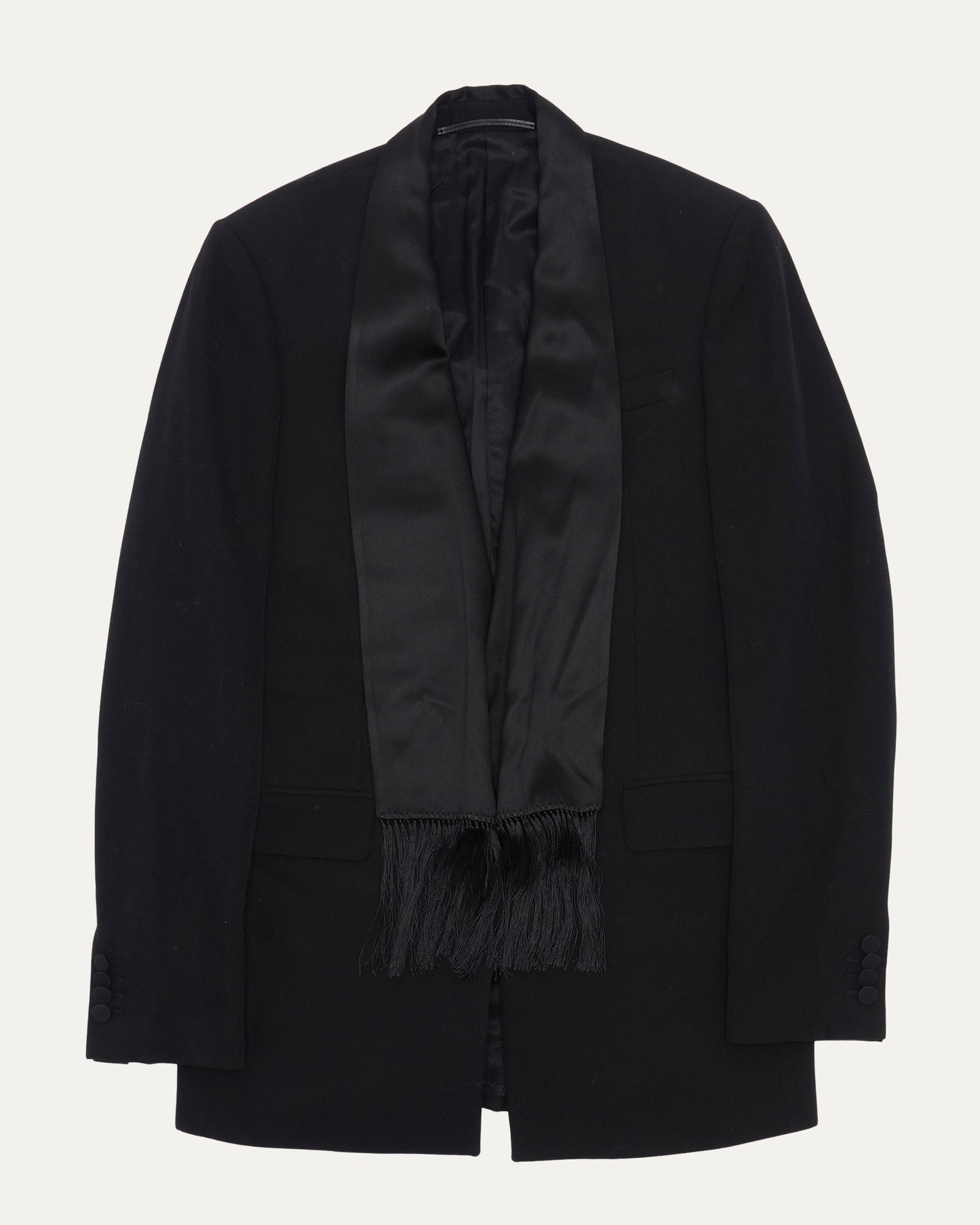 Wool & Silk Satin Fringed Shawl Collar Blazer