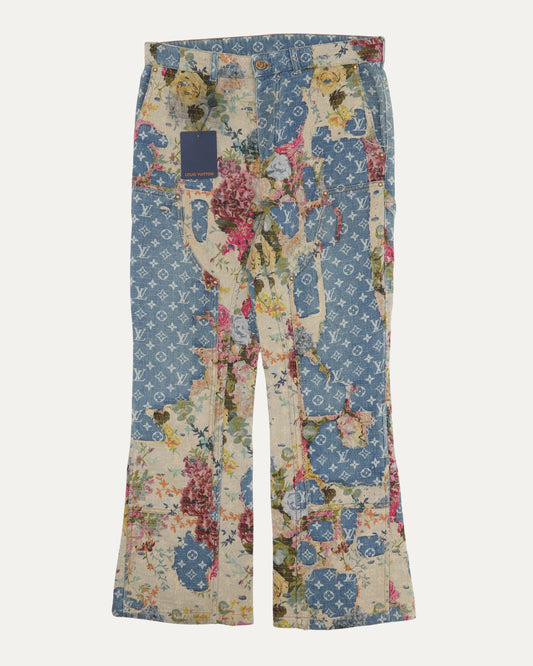 Floral Monogram Boro Double Knee Flared Jeans