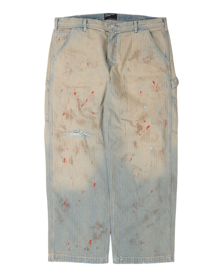 Straight Leg Paint-Splattered Distressed Herringbone Jeans
