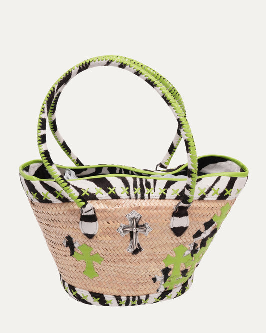 Cross Embellished Cross Patch Woven Raffia Tote Bag