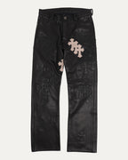 Leather Cross Patch Buckle Back Fleur Knee Flared Pants