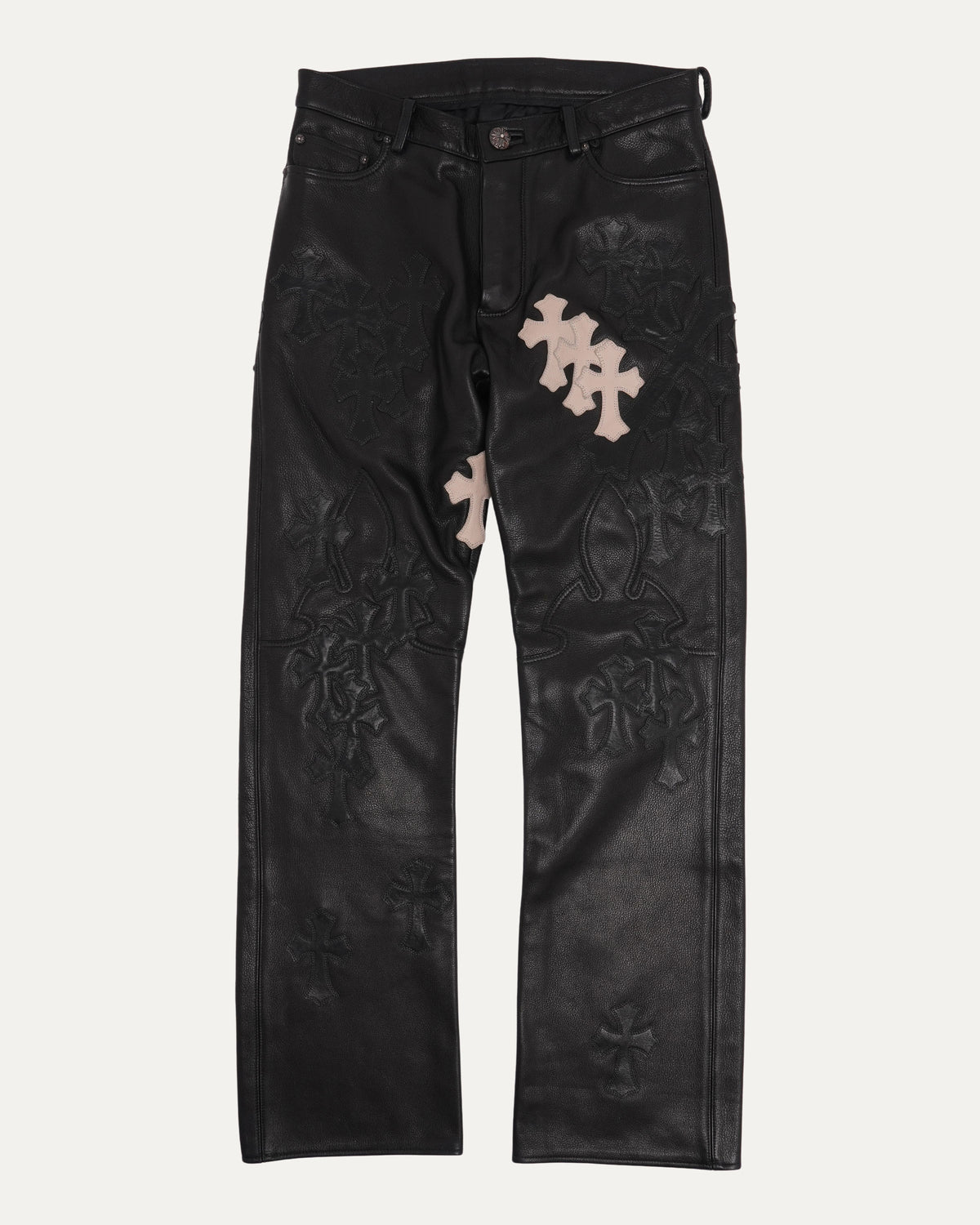 Leather Cross Patch Buckle Back Fleur Knee Flared Pants