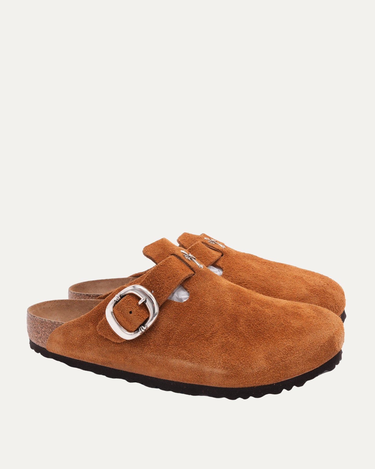 Cross Embellished Birkenstock Boston Suede Mule