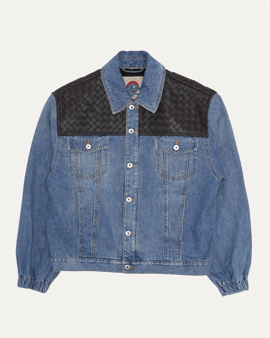 Leather Intrecciato Yoke Denim Trucker Jacket