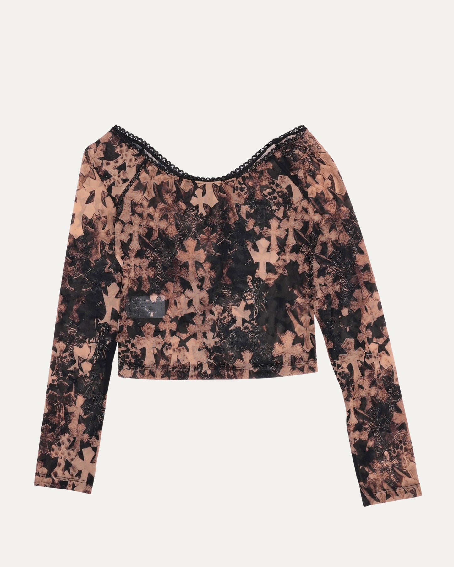 Waterfall Cross Patch Print Mesh Long Sleeve Top