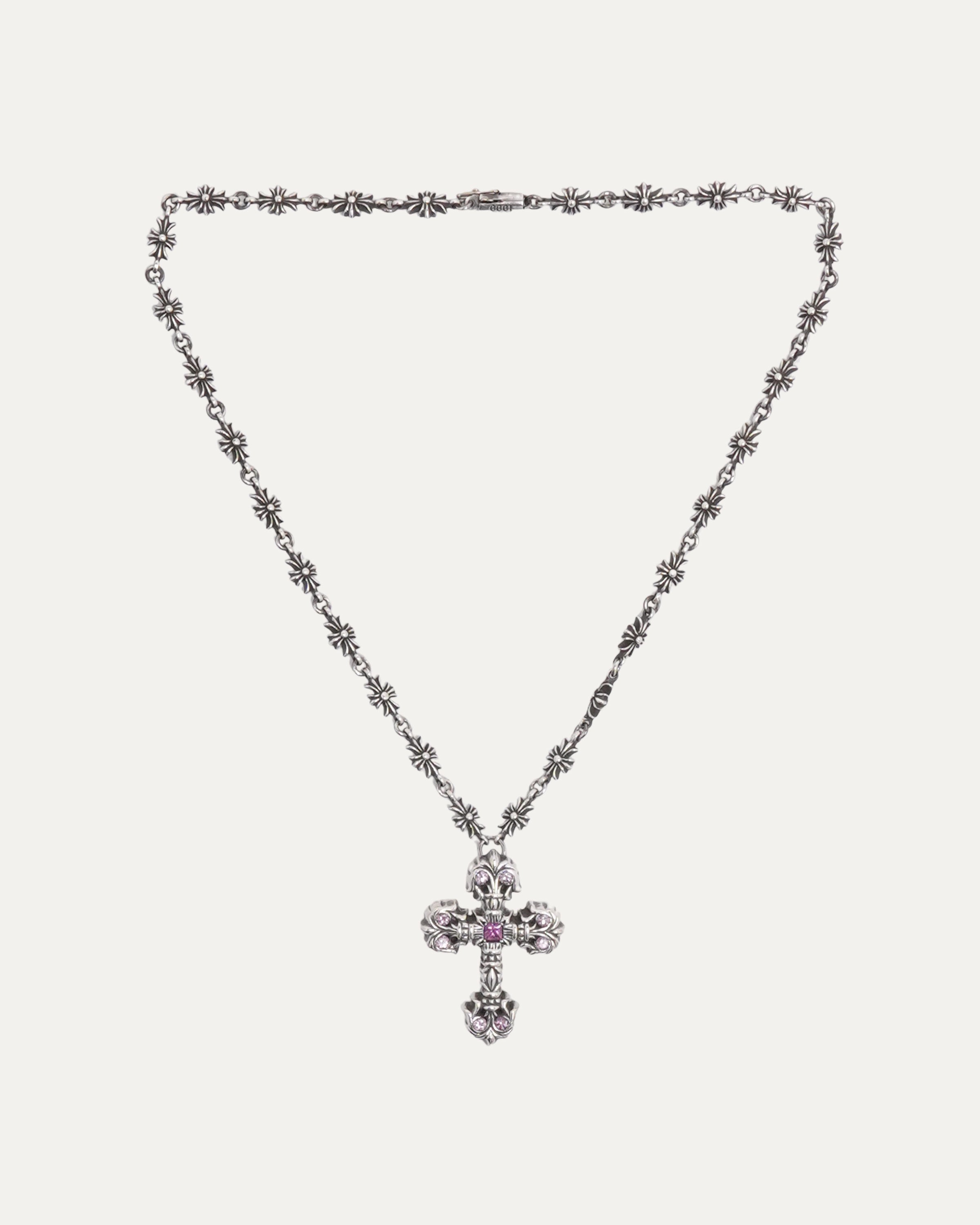Chrome Hearts Pink Sapphire Filigree Cross on Tiny E Chain