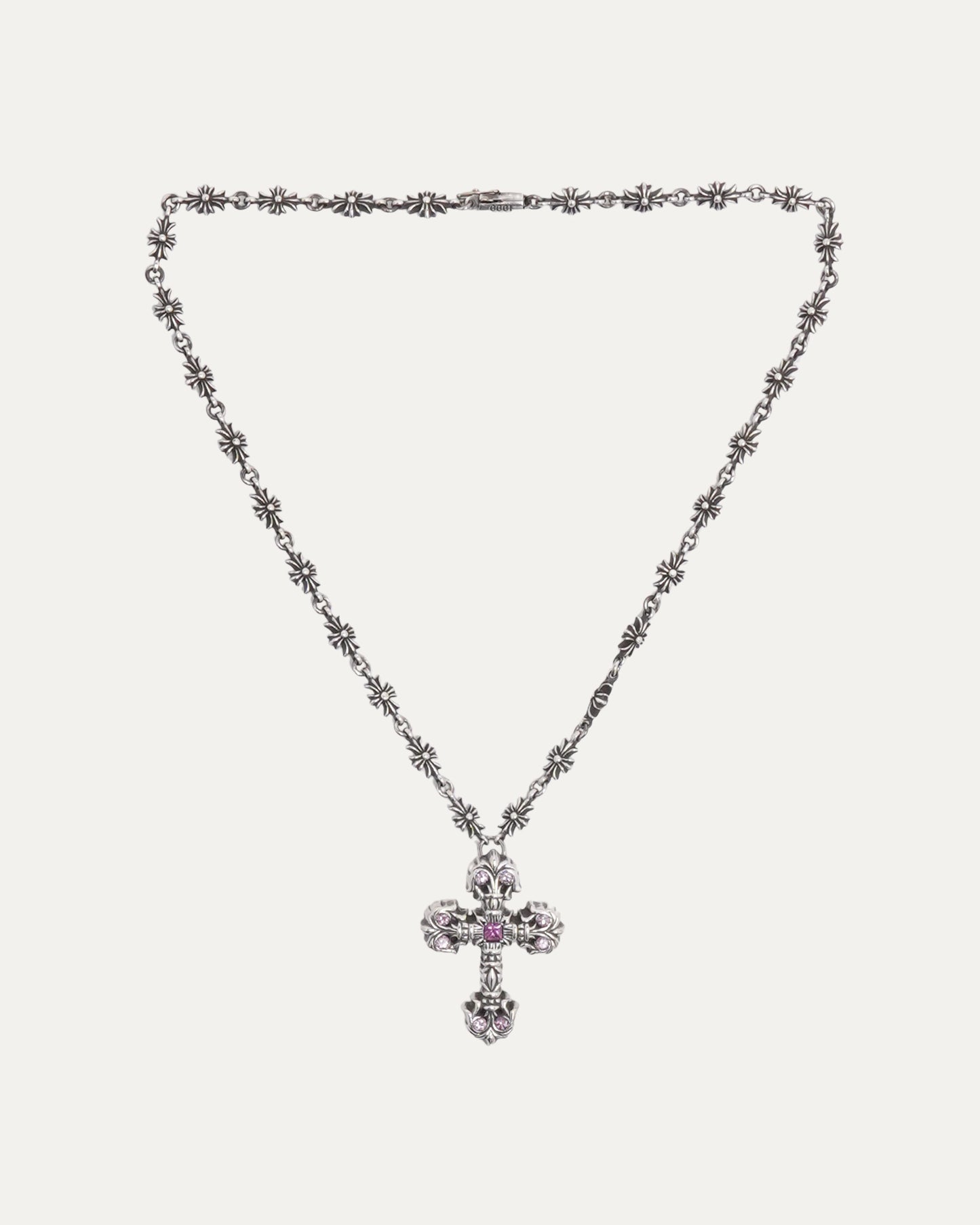 Pink Sapphire Filigree Cross on Tiny E Chain Necklace