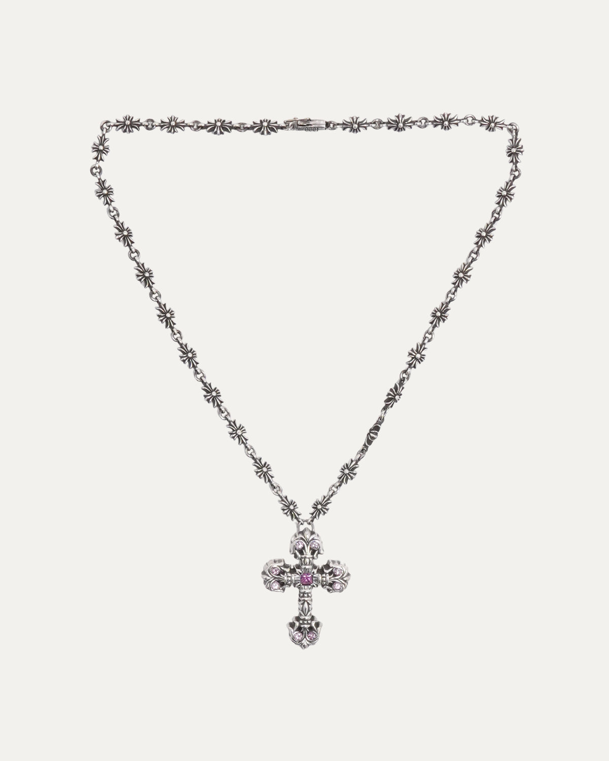 Pink Sapphire Filigree Cross on Tiny E Chain Necklace