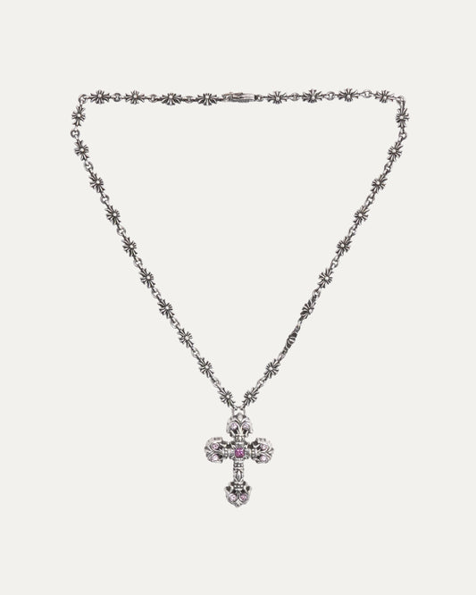 Pink Sapphire Filigree Cross on Tiny E Chain Necklace