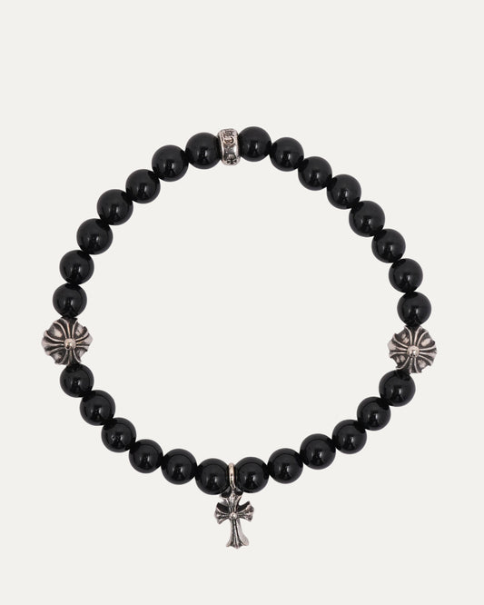 Small Cross Multi Charm Onyx Bead Bracelet