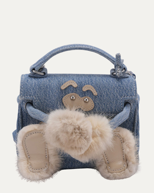 Mink Trimmed Denim Mini Monster Bag