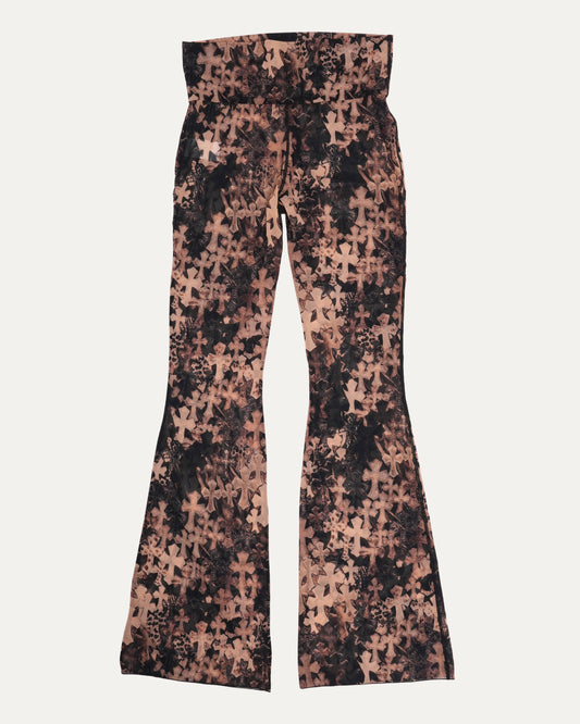 Waterfall Cross Patch Print Flared Mesh Pants